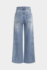 "Denim Artistic Print Rhinestone Straight Leg Jeans"