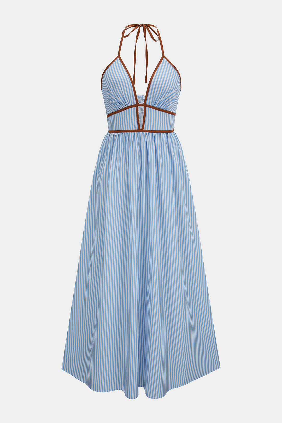 "Contrast Stripes Print V-Neck Halter Neck Sleeveless Maxi Dress"