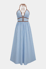 "Contrast Stripes Print V-Neck Halter Neck Sleeveless Maxi Dress"