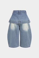 "Denim Double Waistband High Waist Frayed Shorts"