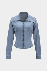 "Denim Lapel Zipper Outerwear"