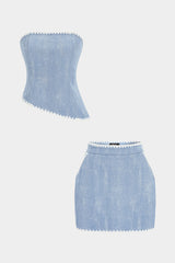 "Denim Contrast Whipstitching Asymmetrical Hem Tube Top And Pocket Skirt Set"