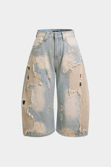 "Denim Asymmetrical Frayed Seamdetail High Waist Shorts"