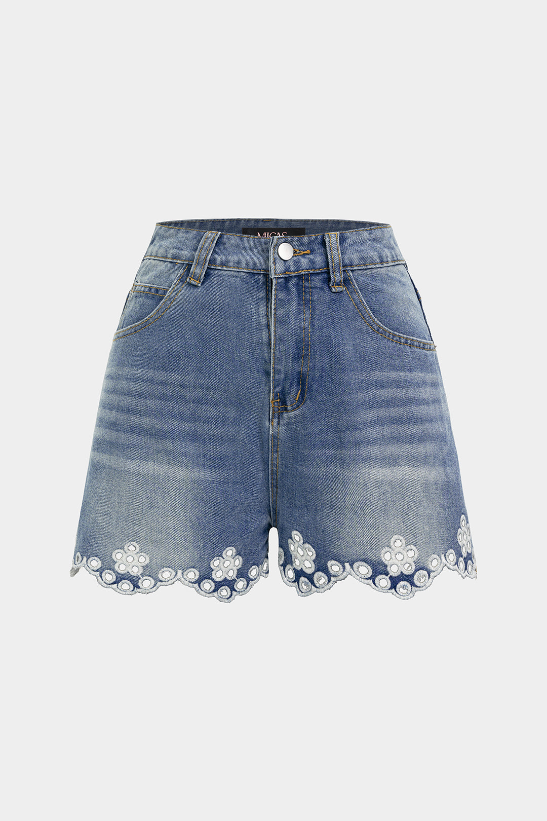 "Denim Embroidery Hollow Out Wide Leg Shorts"