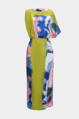 "Abstract Print Satin Asymmetrical Short-Sleeve Maxi Dress"