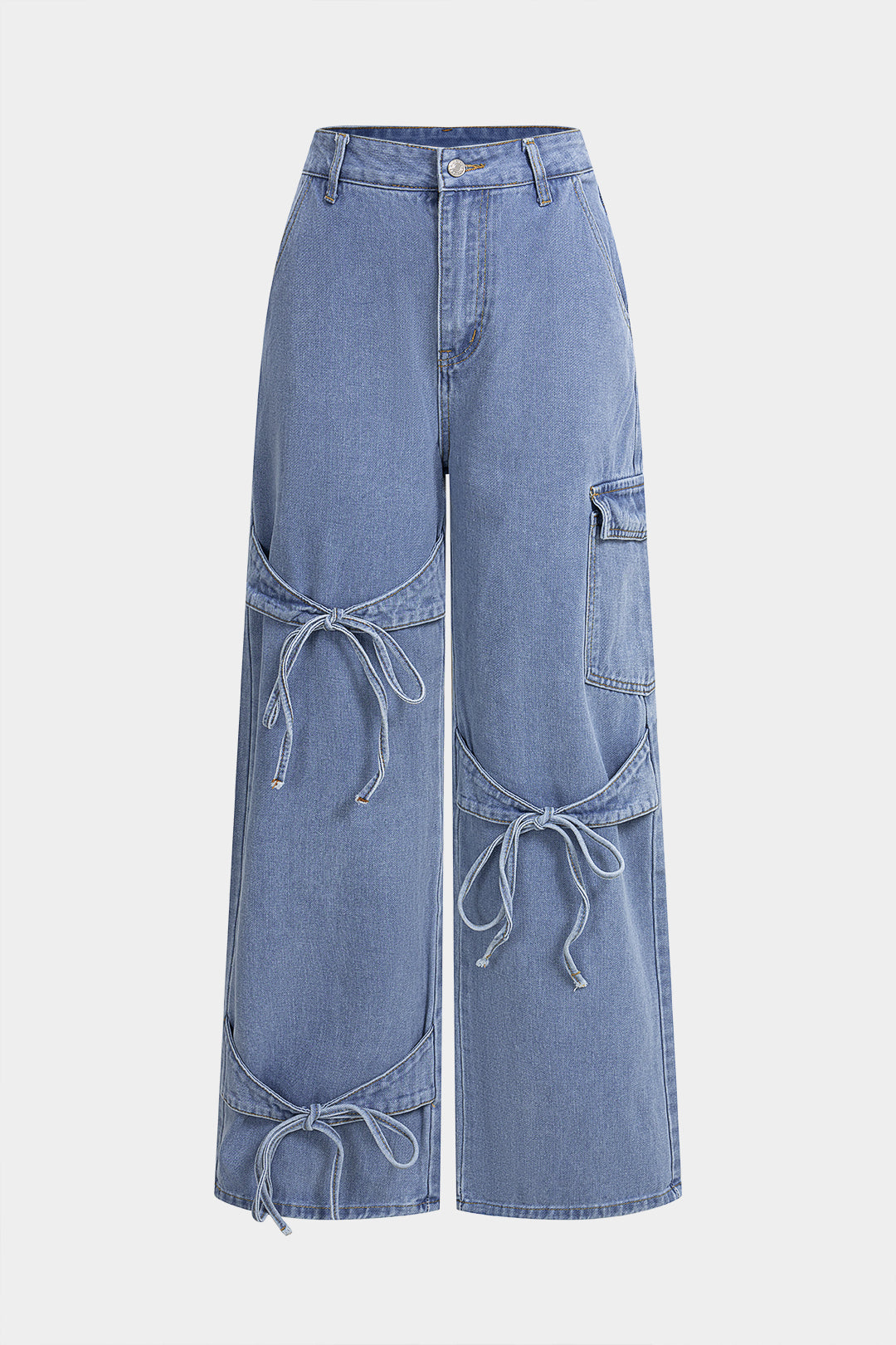 "Denim Bow Tie-Up Straight Leg Jeans"