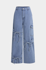 "Denim Bow Tie-Up Straight Leg Jeans"