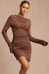"Asymmetrical Neck Ruched Long Sleeve Mini Dress"