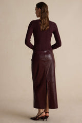 "Basic Solid Faux Leather Midi Skirt"