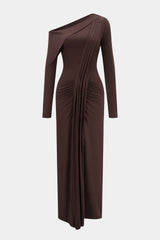 "Asymmetrical Neck Ruched Long-Sleeve Maxi Dress"