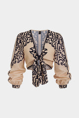 "Contrast Geometric Print V-Neck Tie Front Long Sleeve Top"