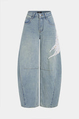 "Denim Feather Pearls Decor Wide Leg Jeans"