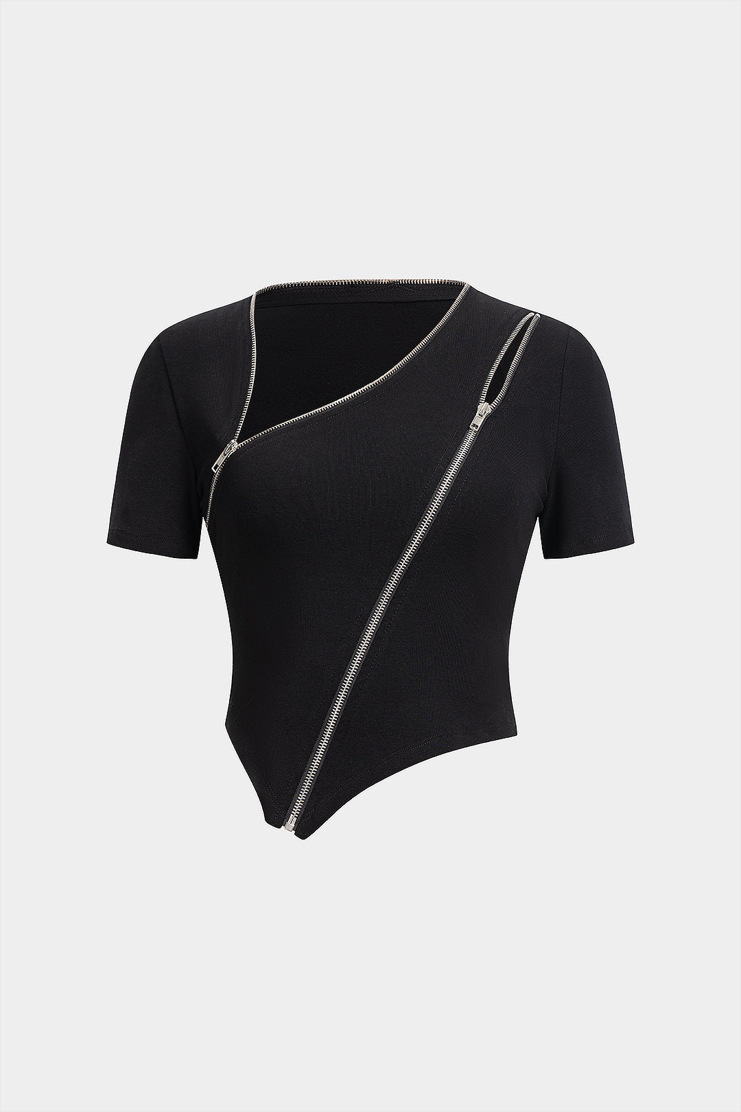 "Asymmetrical Zipper Round Neck Short-Sleeve Top"