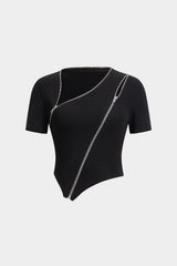 "Asymmetrical Zipper Round Neck Short-Sleeve Top"