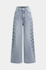 "Denim Cut Out Bird Applique Pocket Jeans"