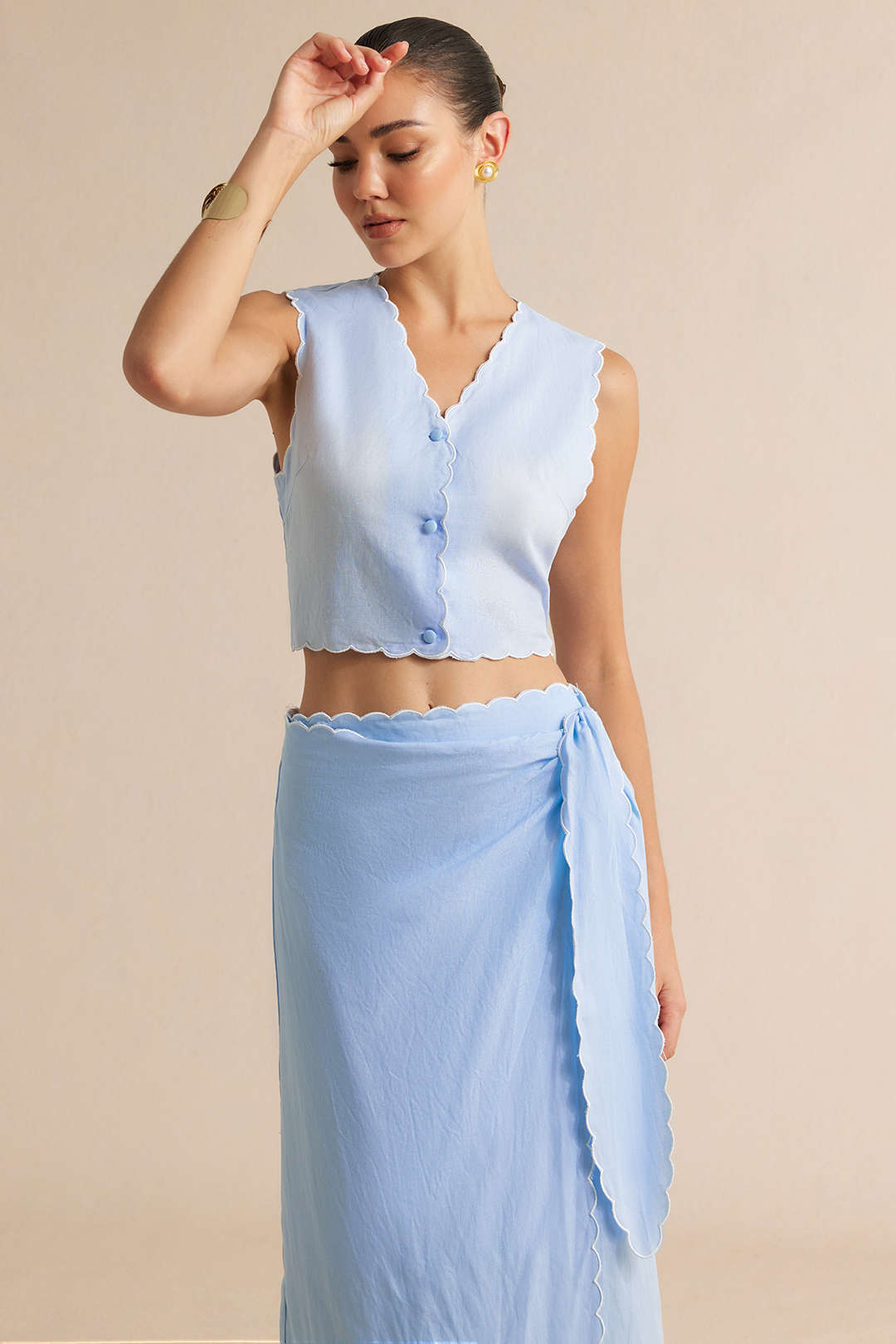 "Contrast Whipstitching Linen Button Tank Top"
