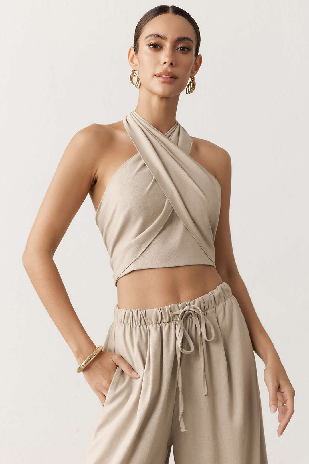 "Crossed Halter Neck Ruched Tie-Up Top And Straight Leg Pants Set"