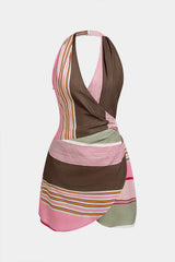 "Contrast Stripes Print Halter Neck Sleevelss MIni Dress"