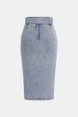 "Denim Belted Button High Waist Skirt"