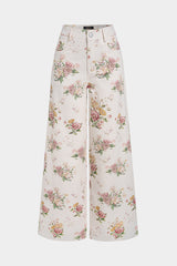 "Denim Floral Print High Waist Straight Leg Jeans"