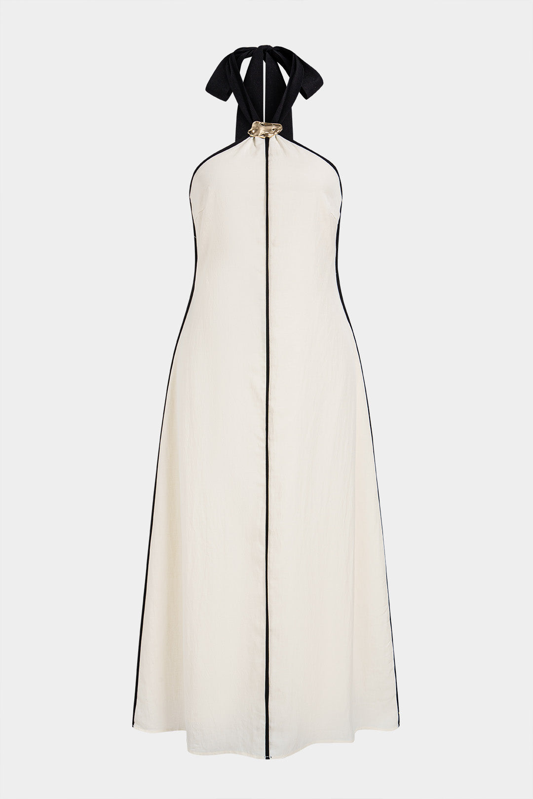 "Contrast Trim Linen Halter Neck Tie Back Metallic Sleeveless Maxi Dress"