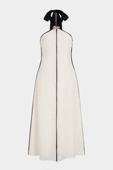 "Contrast Trim Linen Halter Neck Tie Back Metallic Sleeveless Maxi Dress"
