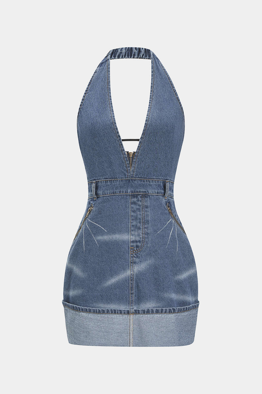 "Denim Backless Washed Zipper Halter Mini Dress"
