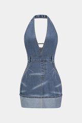 "Denim Backless Washed Zipper Halter Mini Dress"