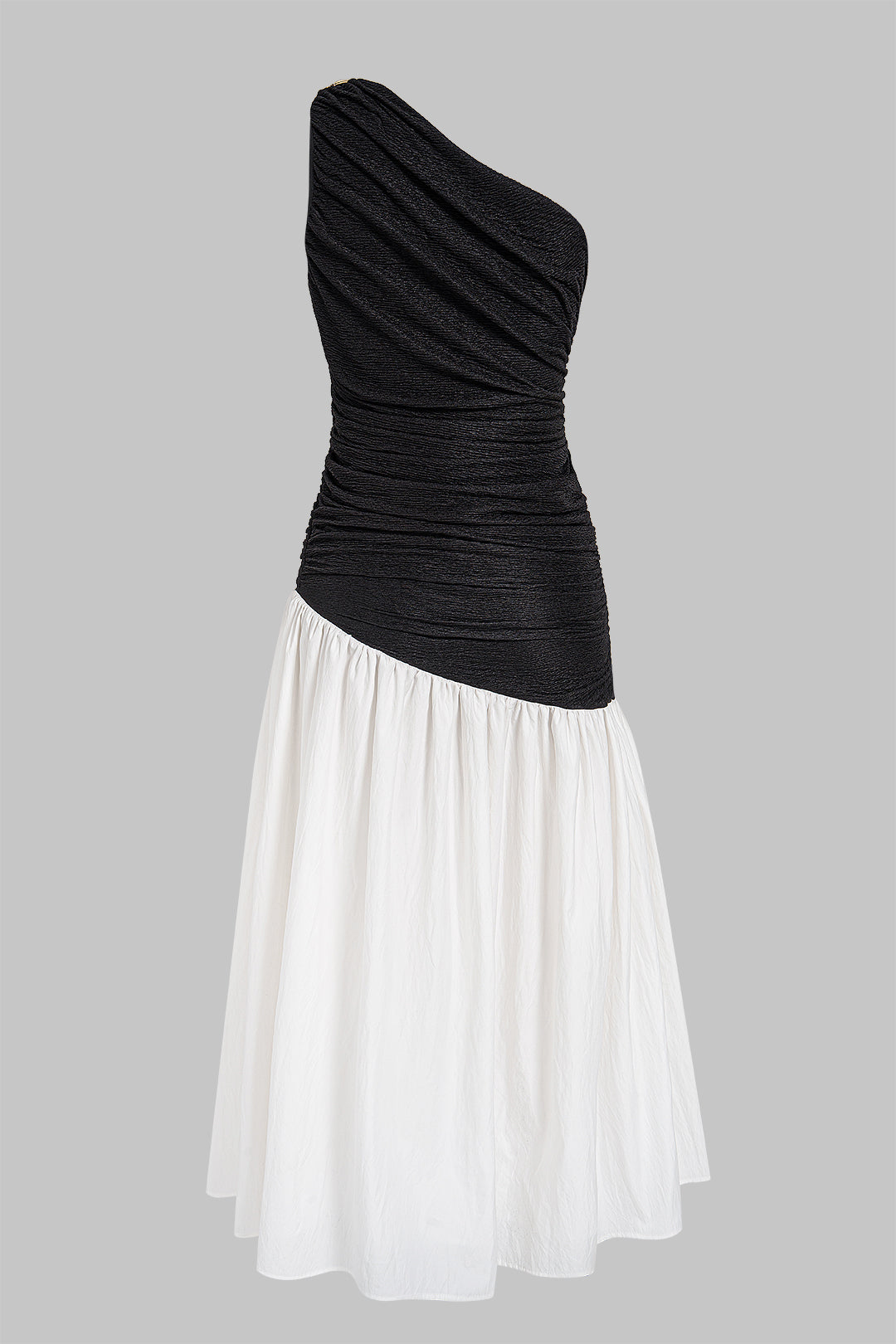 "Contrast One Shoulder Metallic Ruched Sleeveless Maxi Dress"