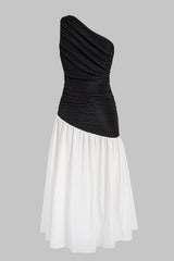 "Contrast One Shoulder Metallic Ruched Sleeveless Maxi Dress"