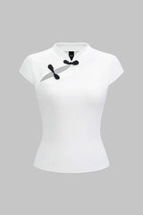 "Contrast Frog Button Cut Out Short Sleeve T-Shirt"