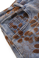 "Denim Floral Print High-Waist Pocket Jeans"