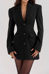 "Button V-Neck Pocket Long Sleeve Mini Dress"