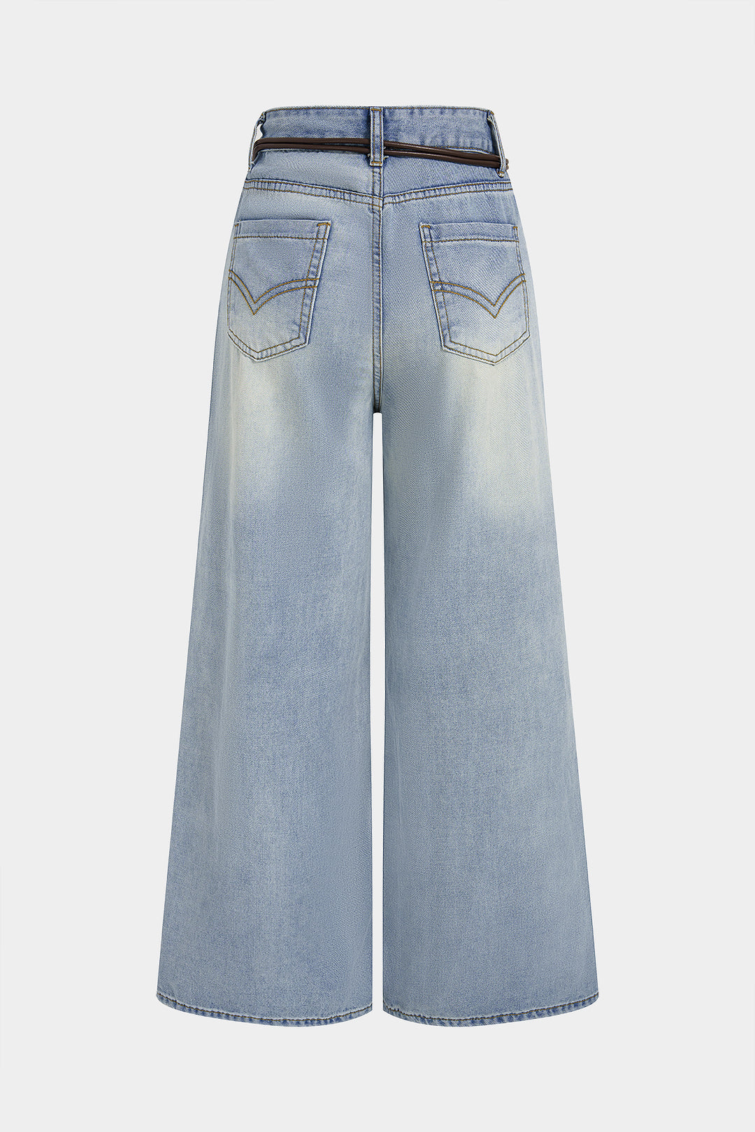 "Denim High Waist Asymmetrical Belted Wide Leg Jeans"
