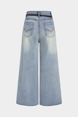 "Denim High Waist Asymmetrical Belted Wide Leg Jeans"