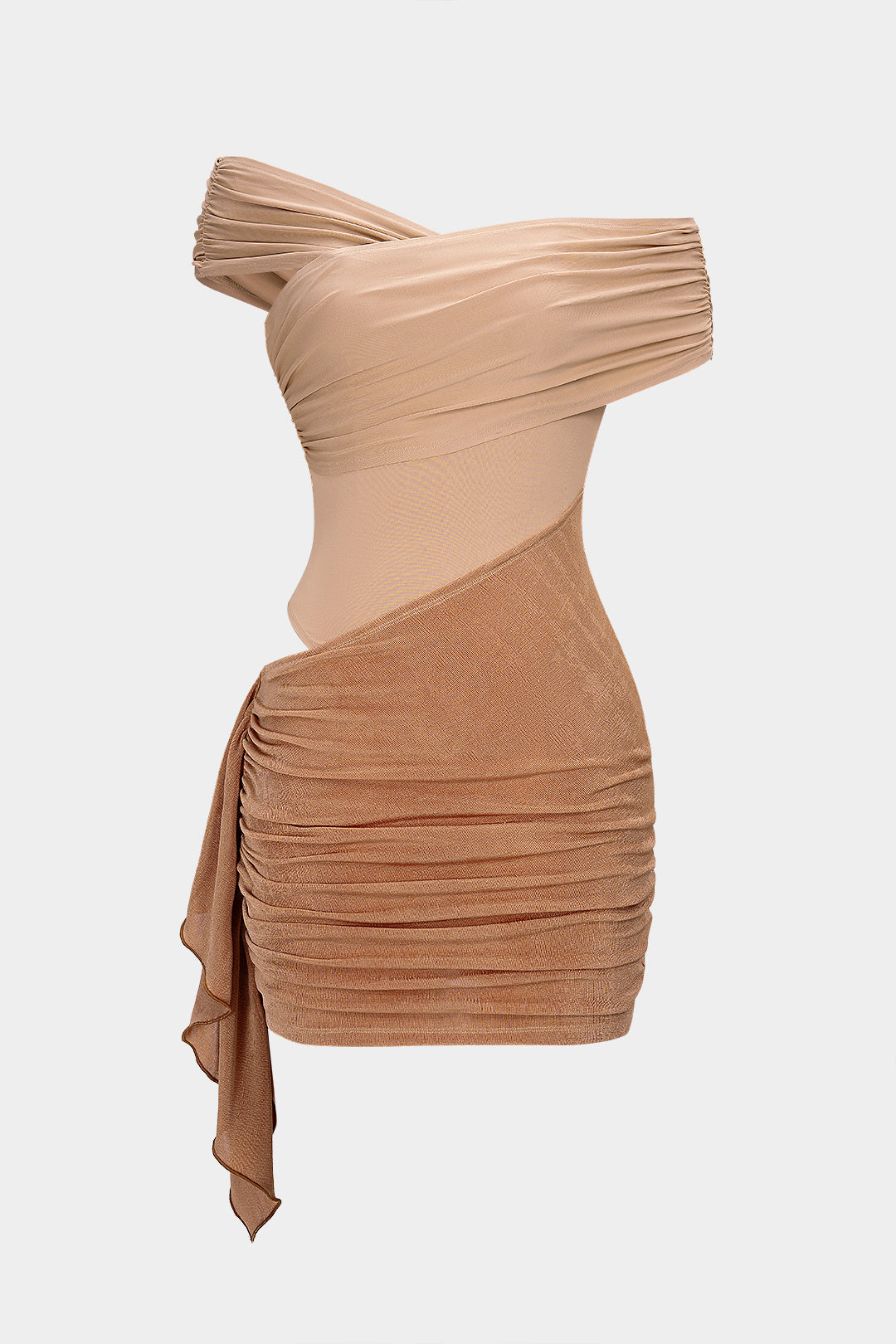 "Crossed Off Shoulder Asymmetrical Ruched Cut Out Sleeveless Mini Dress"