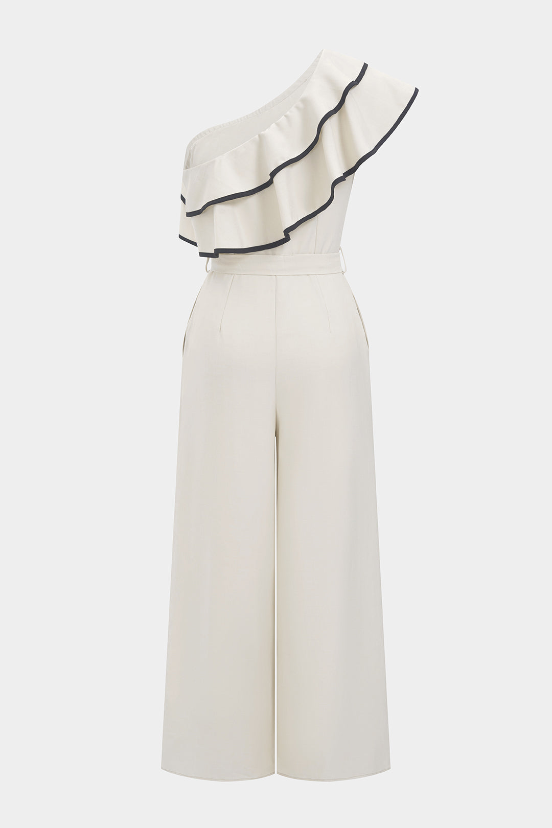 "Contrast Binding One Shoulder Ruffle Belted Sleeveless Jumpsuit"