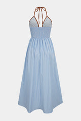 "Contrast Stripes Print V-Neck Halter Neck Sleeveless Maxi Dress"