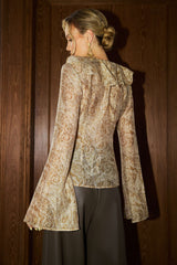 "Abstract Print Ruffle Neck Long-Sleeve Shirt"