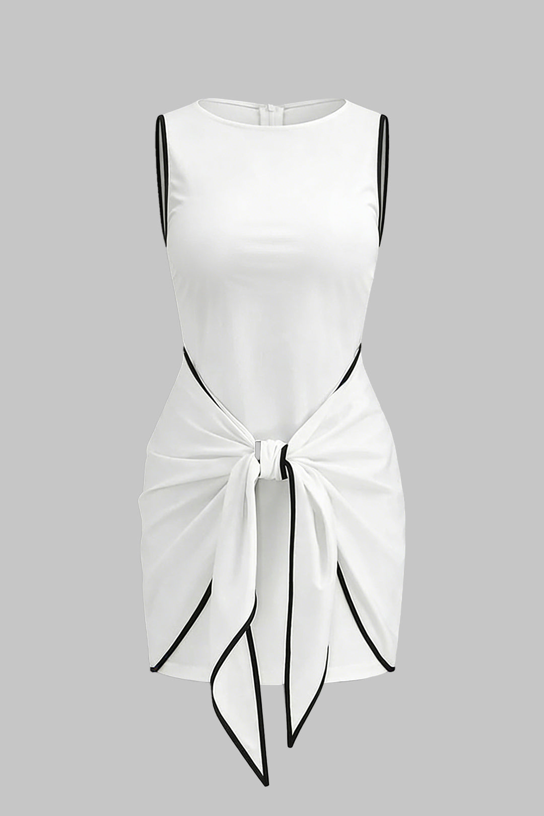 "Contrast Binding Round Neck Tie Front Sleeveless Mini Dress"