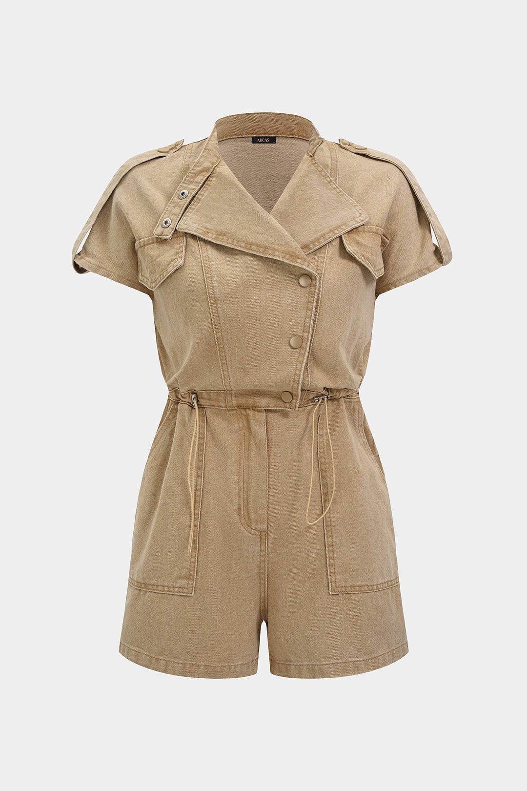 "Denim Lapel Button Pocket Drawstring Short Sleeve Romper"