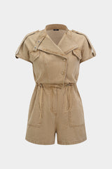 "Denim Lapel Button Pocket Drawstring Short Sleeve Romper"