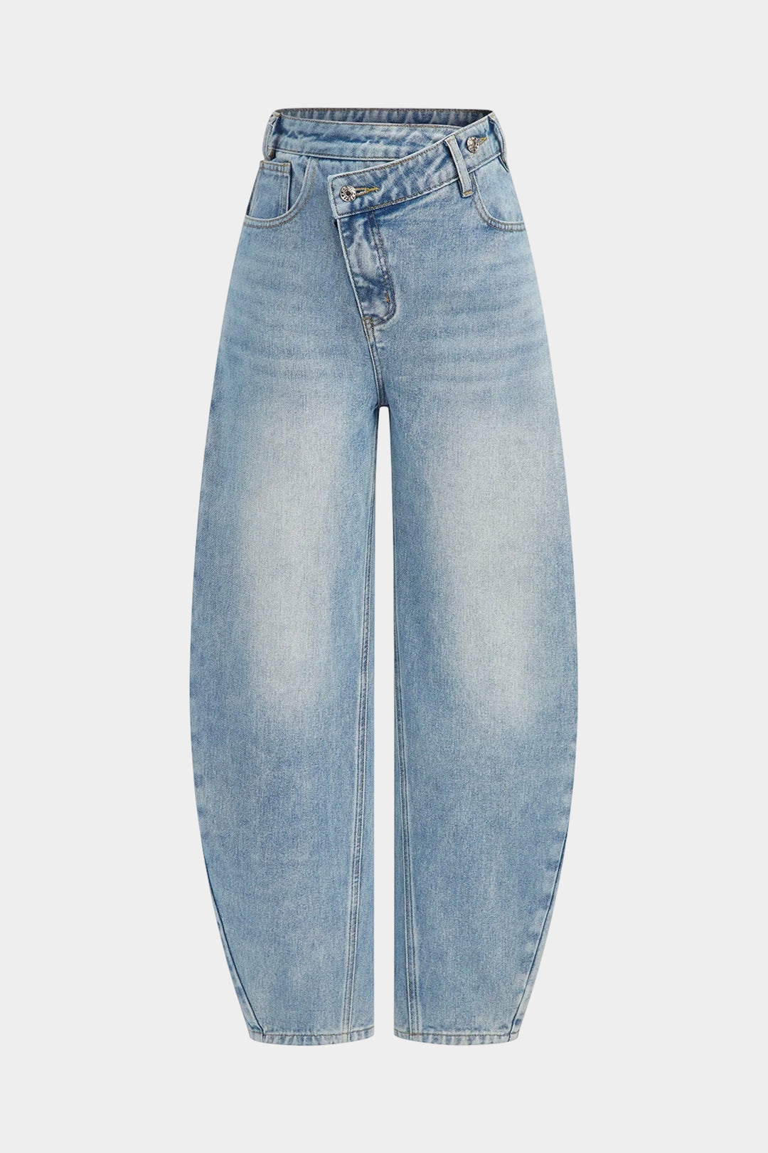 "Denim Asymmetrical Button Barrel Jeans"