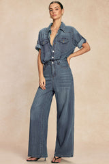 "Denim Lapel Short Sleeve Straight Leg Jumpsuit"
