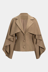 "Button Ruffle Ruched Notched Lapel Jacket"