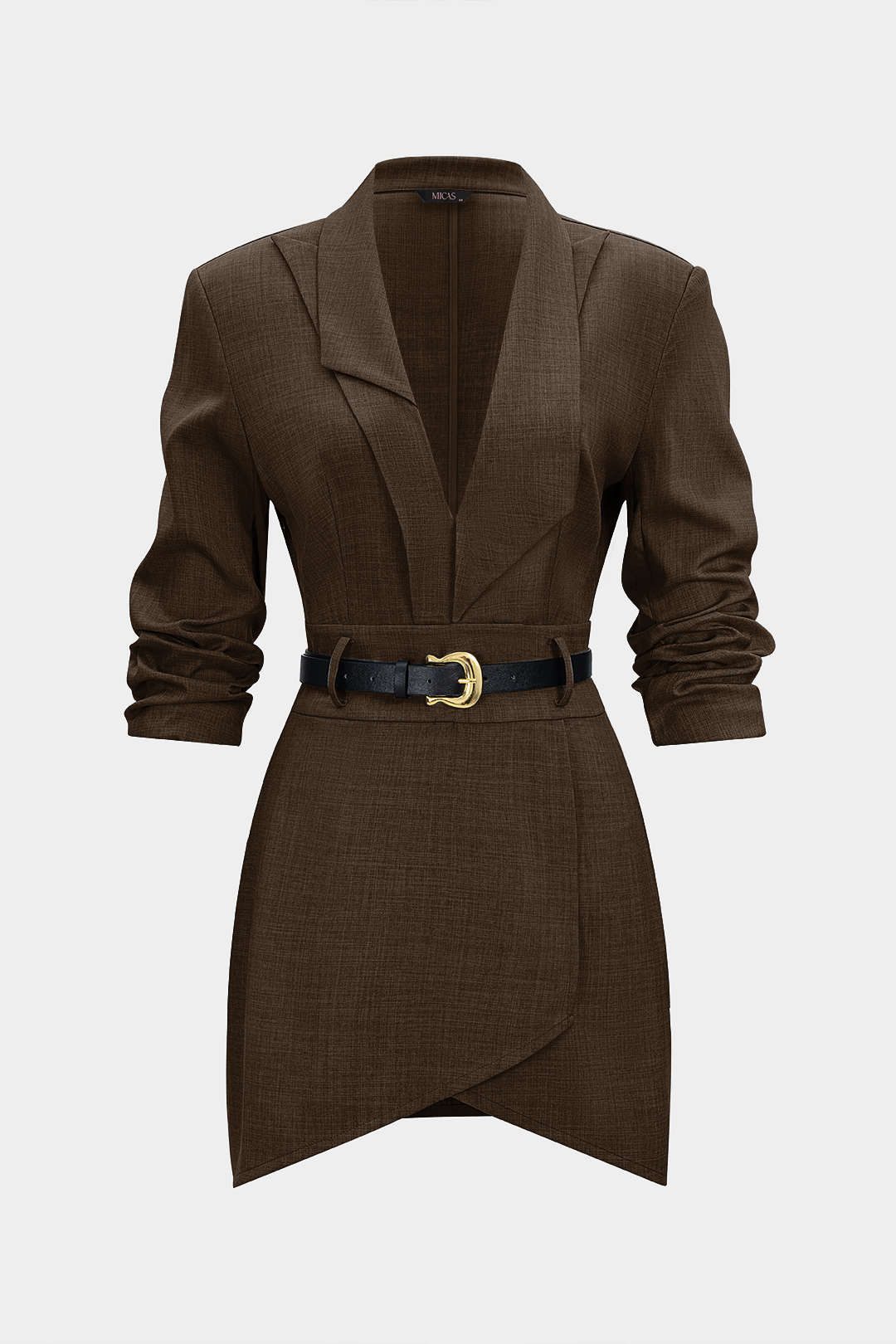 "Asymmetrical Notched Lapel Belted Long Sleeve Mini Dress"