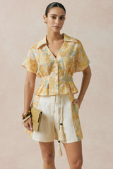 "Artistic Print V-Neck Ruched Short Sleeve Top"