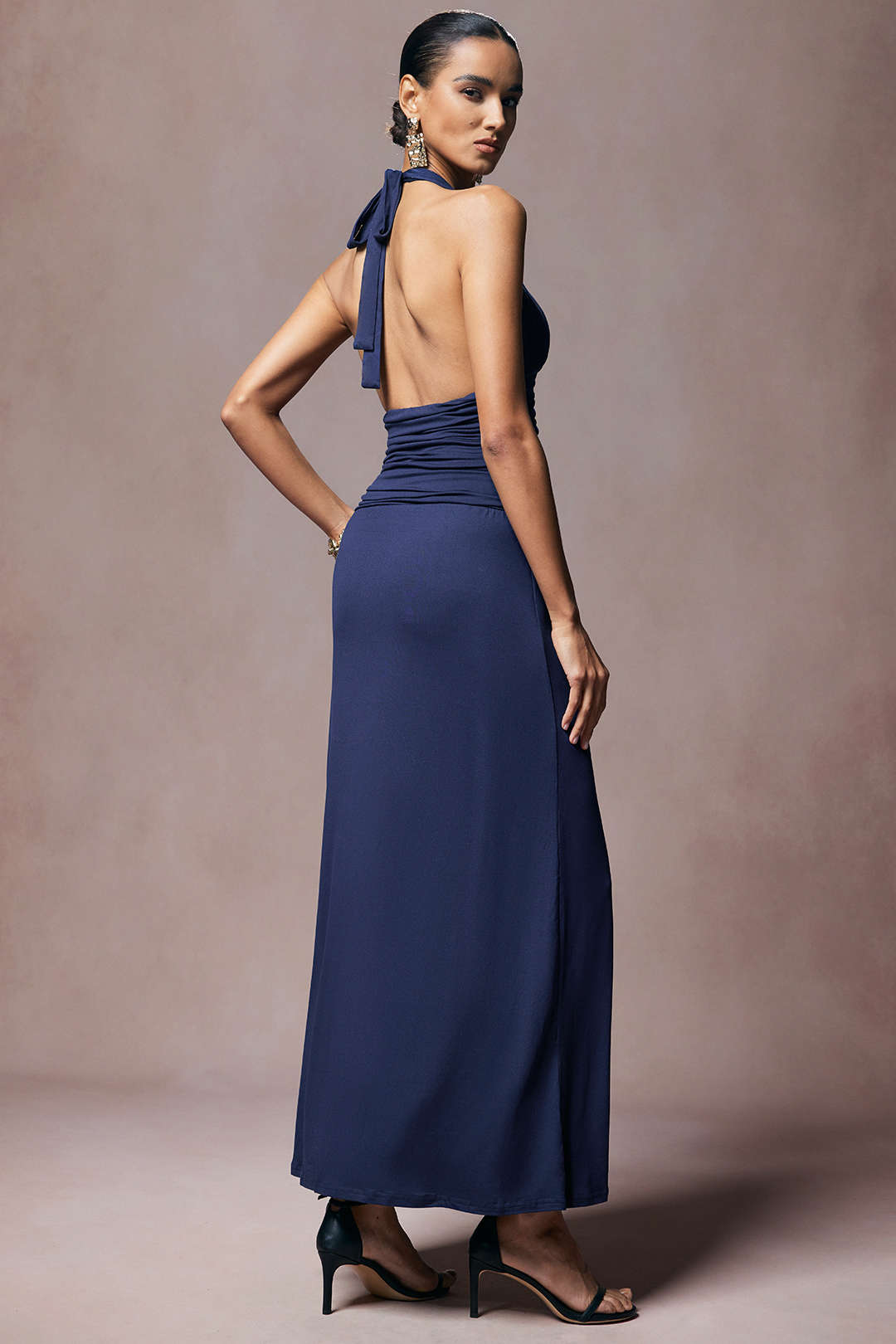 "Deep V-Neck Halter Tie Back Ruched Sleeveless Maxi Dress"