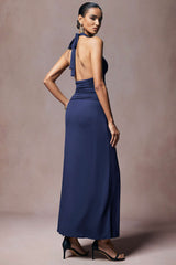 "Deep V-Neck Halter Tie Back Ruched Sleeveless Maxi Dress"