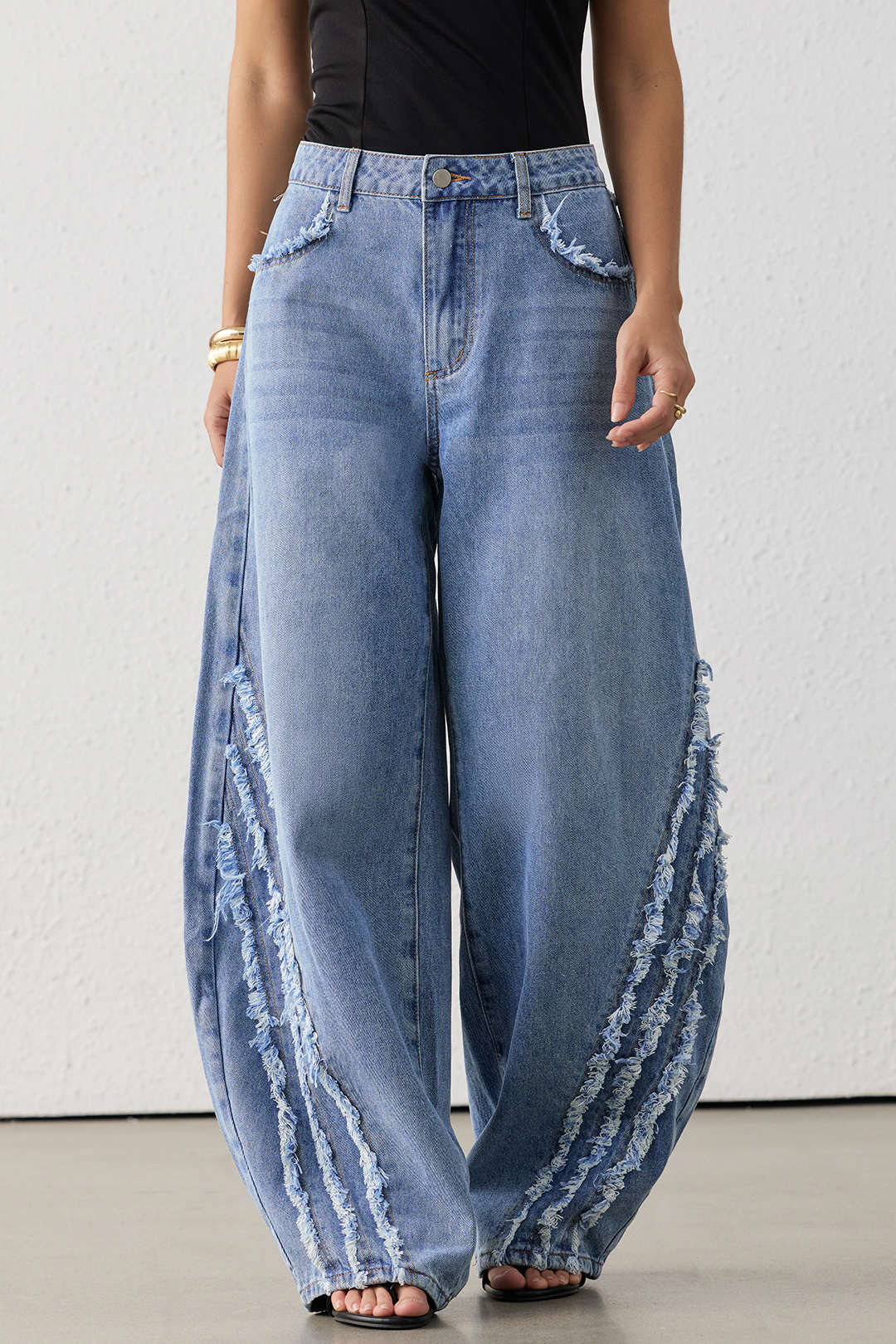 "Denim Frayed Wide Leg Jeans"